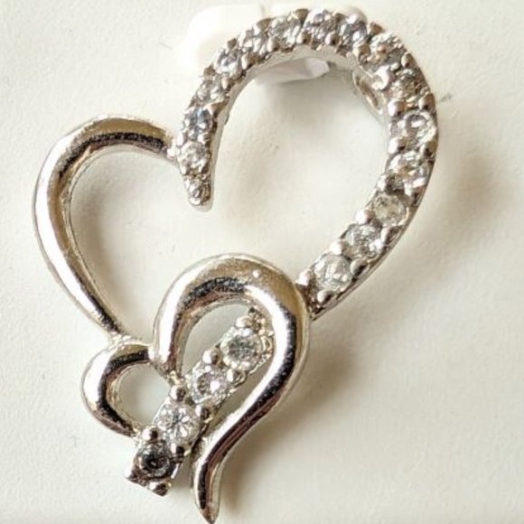 Stunning .925 Sterling Silver Double Heart's Pendant Encrusted w/ Brilliant CZ's - Picture 4 of 4